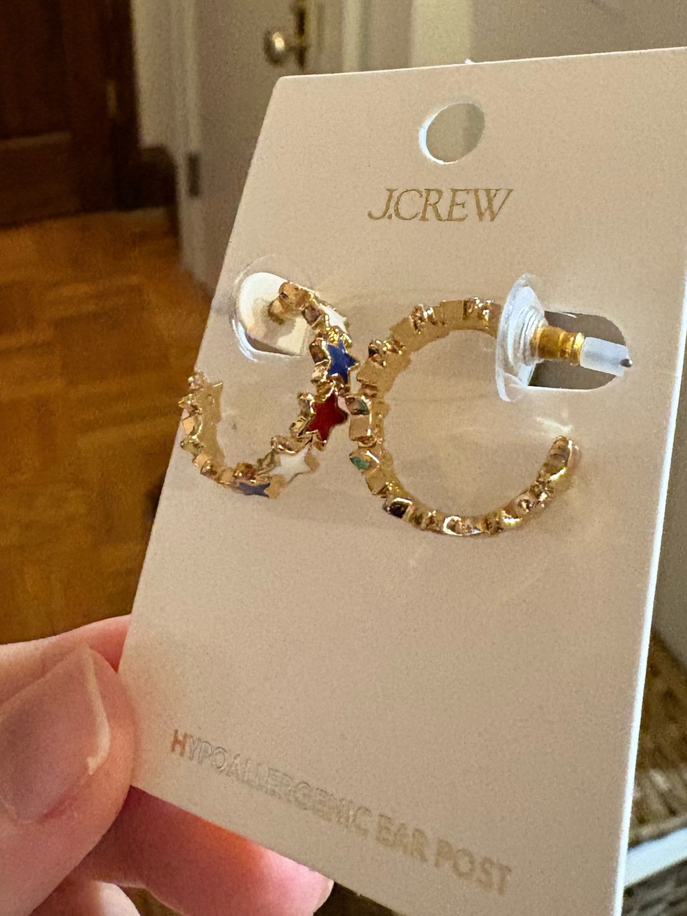 J. Crew Gold Hoop Earrings with Red and Blue Accents